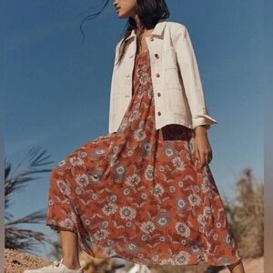 Madewell Terracotta Floral Sheer-Sleeve Button-Front Midi Dressi in Gather Dress